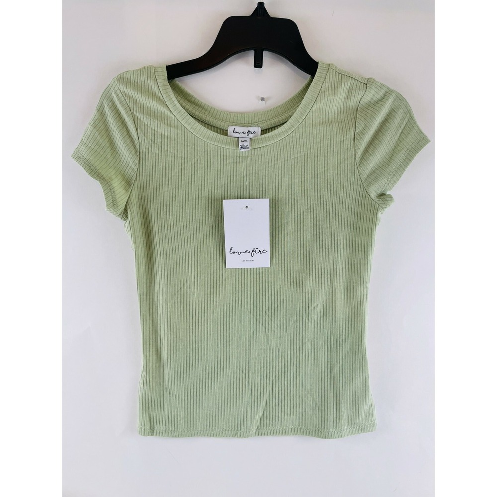 Love, Fire Ribbed Crop T-Shirt Girls Size Medium Green Cap Sleeve Crew Neck NWT!